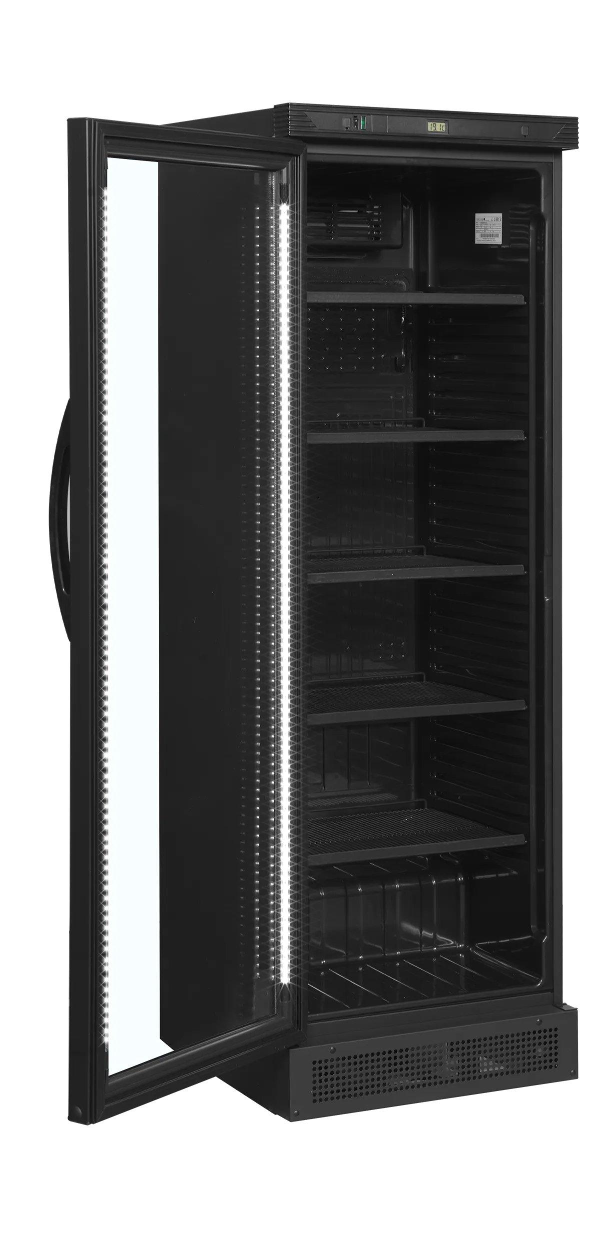 Glass Door Display Merchandiser CEV425 Black – Left Hinged, LED Lit Beverage Cooler, Fan Assisted Cooling