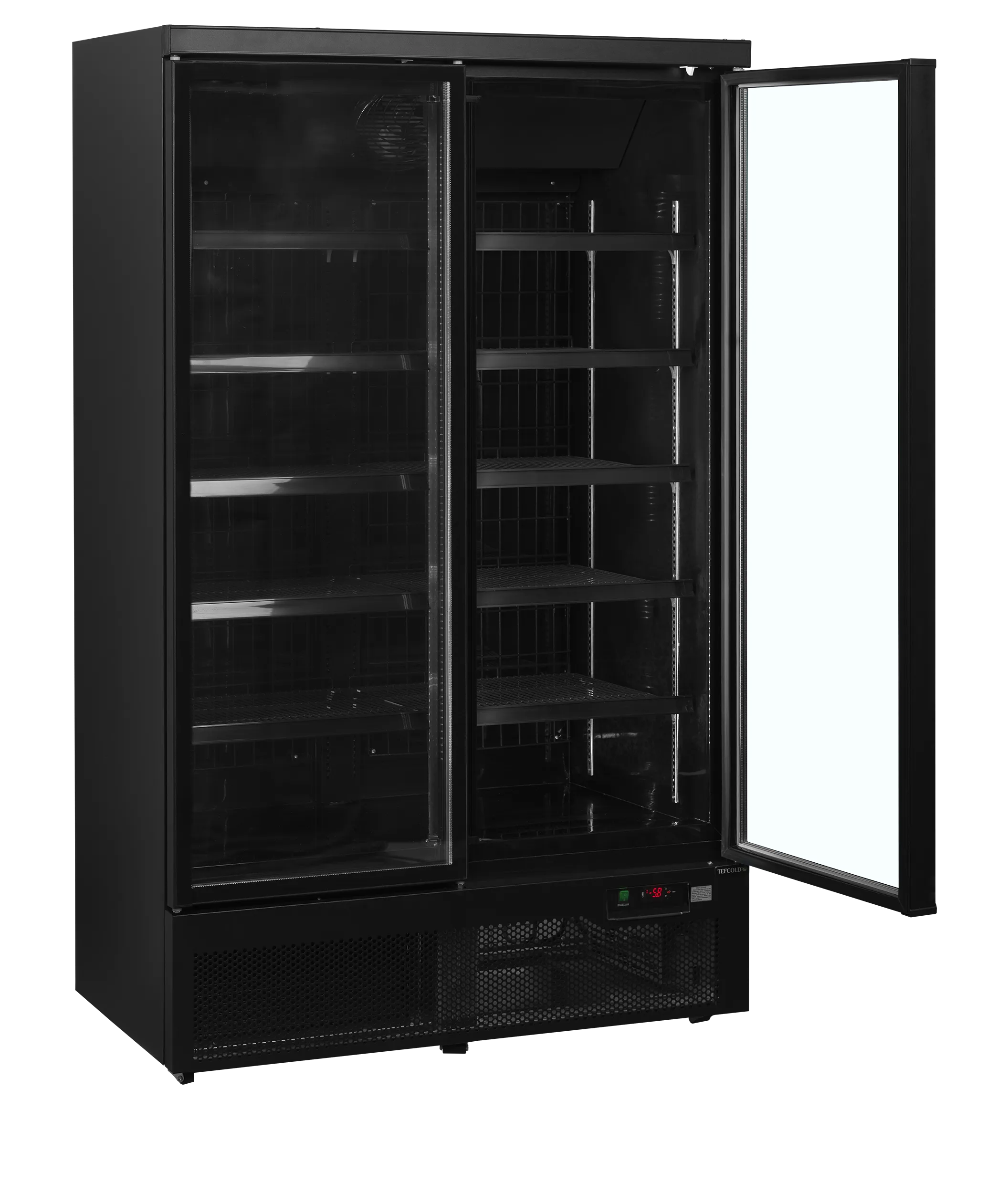 Atom Maxi Display Freezer – 2 Door Black Glass, Ventilated Cooling, LED Interior, Adjustable Shelves, -18 to -22°C
