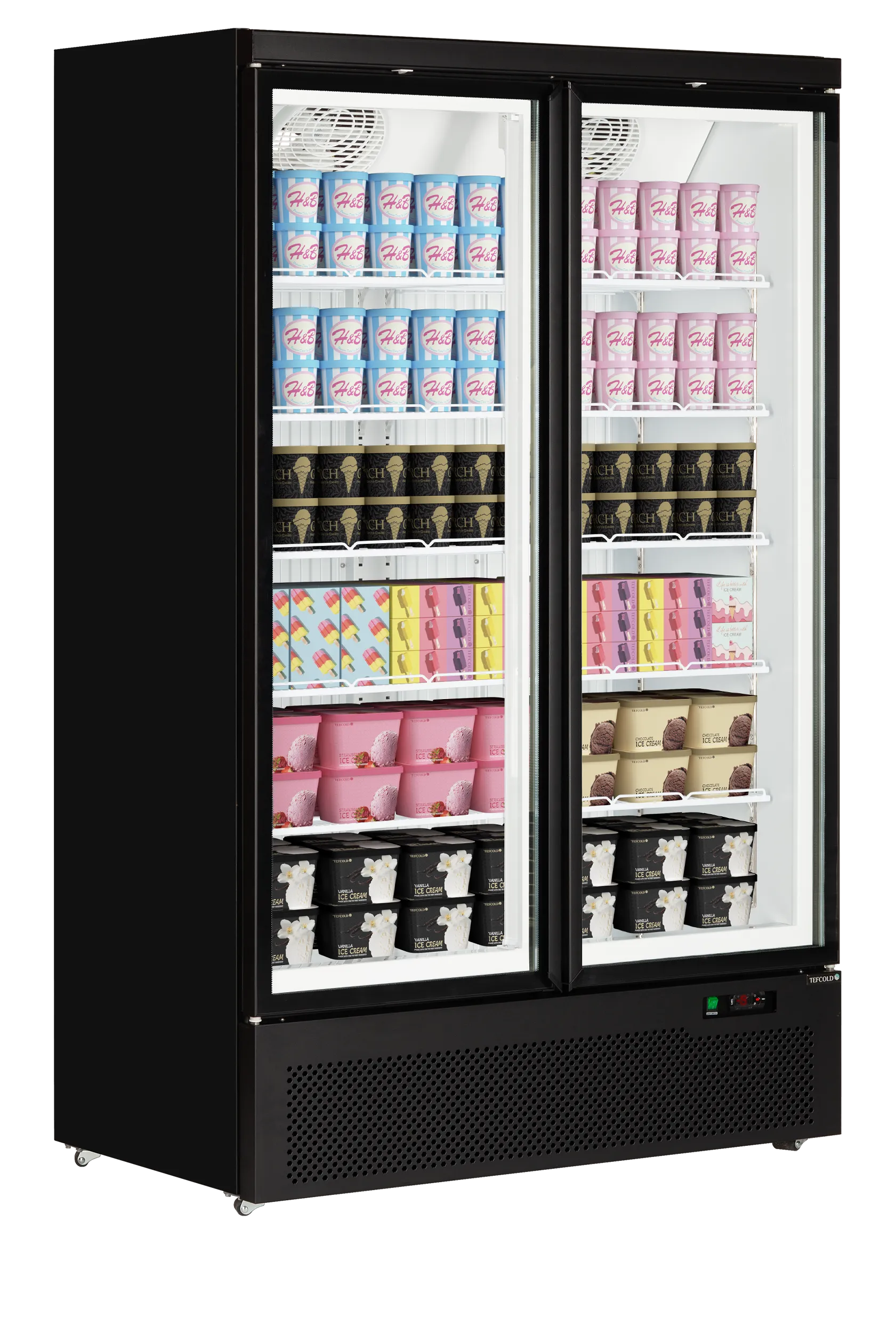 Atom Maxi F2DB Commercial Double Glass Door Display Freezer with Bottle Shelf & Legs – Black, Ventilated Cooling, -18 to -22°C