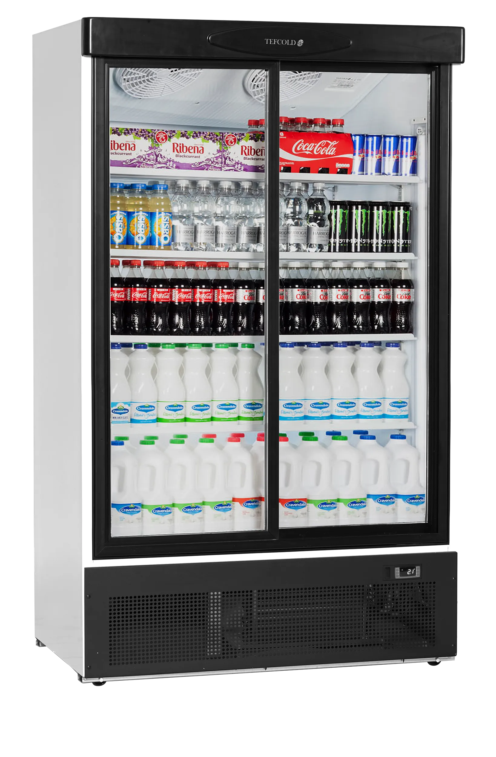 TECOLD FS1202S Sliding Glass Door Merchandiser – 2 Doors, 660L Net Capacity, LED Interior Light, Fan Assisted Cooling, Self-Closing Doors, White