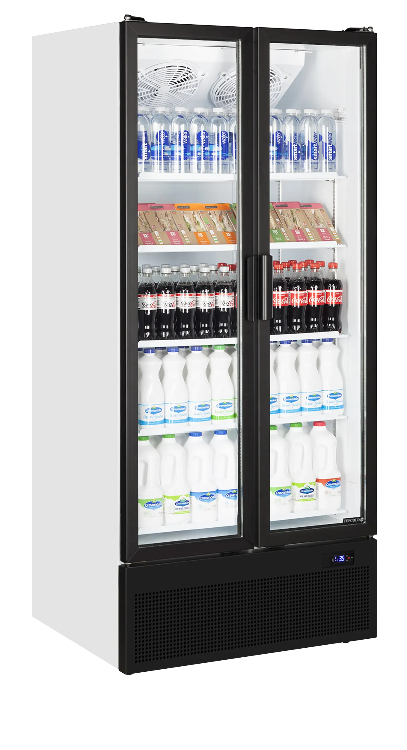 TEFCOLD FS890H Double Glass Door Merchandiser – 535L Ventilated Display Chiller with LED Lighting, Adjustable Shelves, and R290 Refrigerant – White