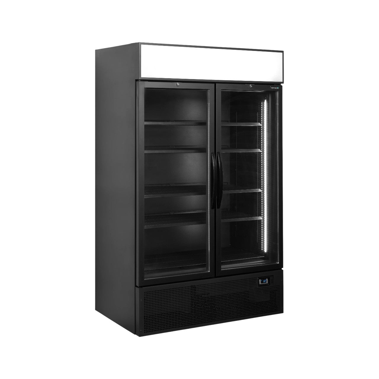 FSC1200H Black Double Glass Door Merchandiser Display Fridge with LED Canopy, 1200mm