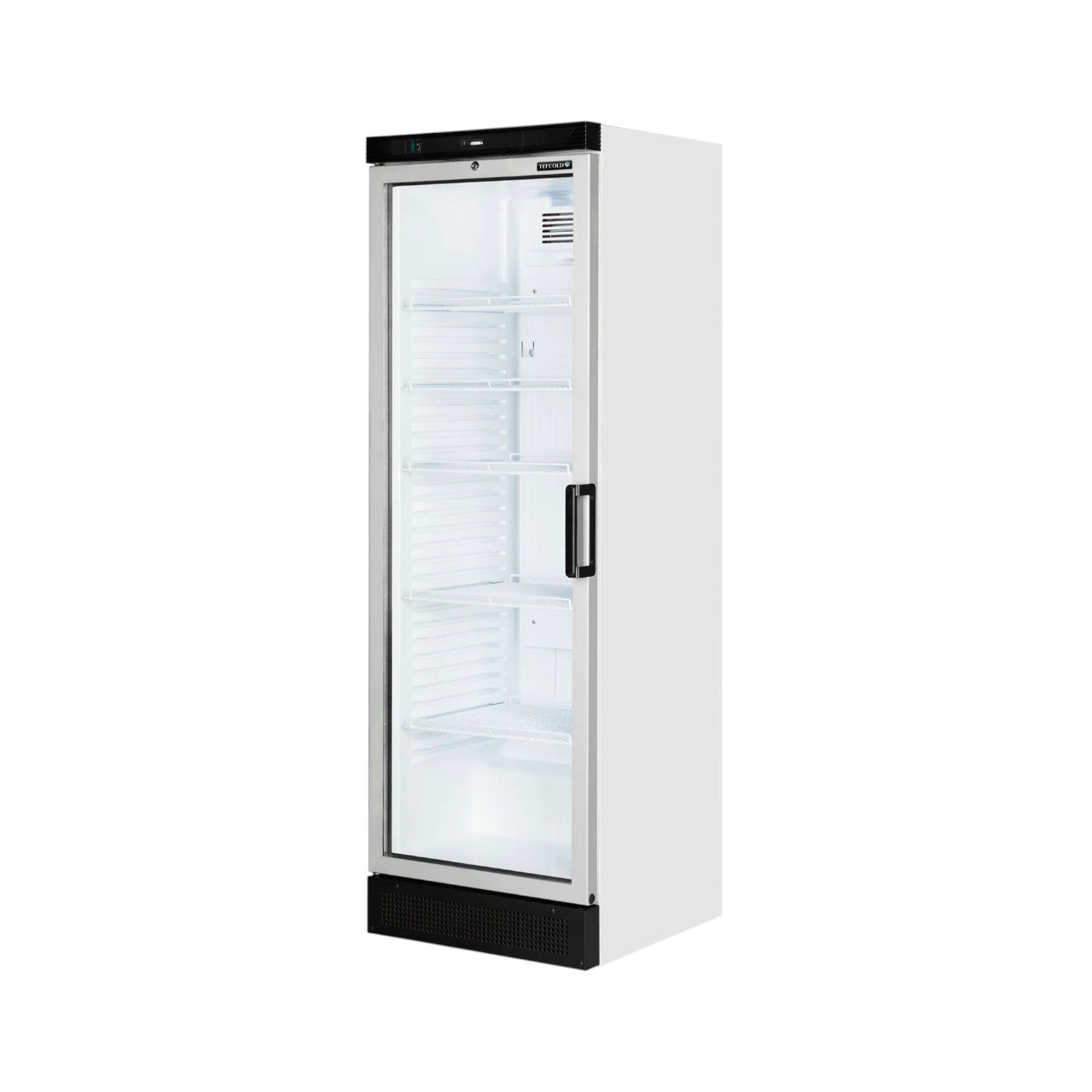 Glass Door Merchandiser FS1380 L/H – Fully Automatic Fan-Assisted Cooler with LED Lighting, Adjustable Shelves, and Mechanical Controller, 358L Capacity, White