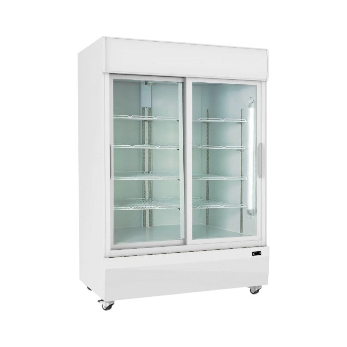 Prodis XD701S Double Sliding Door Display Fridge White – Commercial Upright Merchandising Cooler for Convenience Stores, Cafes & Shops