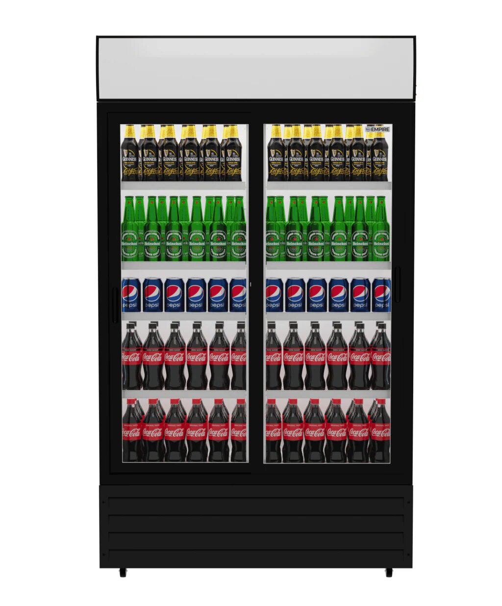 Empire Premium Double Sliding Door Display Cooler with Light Canopy, 688L, Low-E Glass, Fan Cooled, 0–10°C
