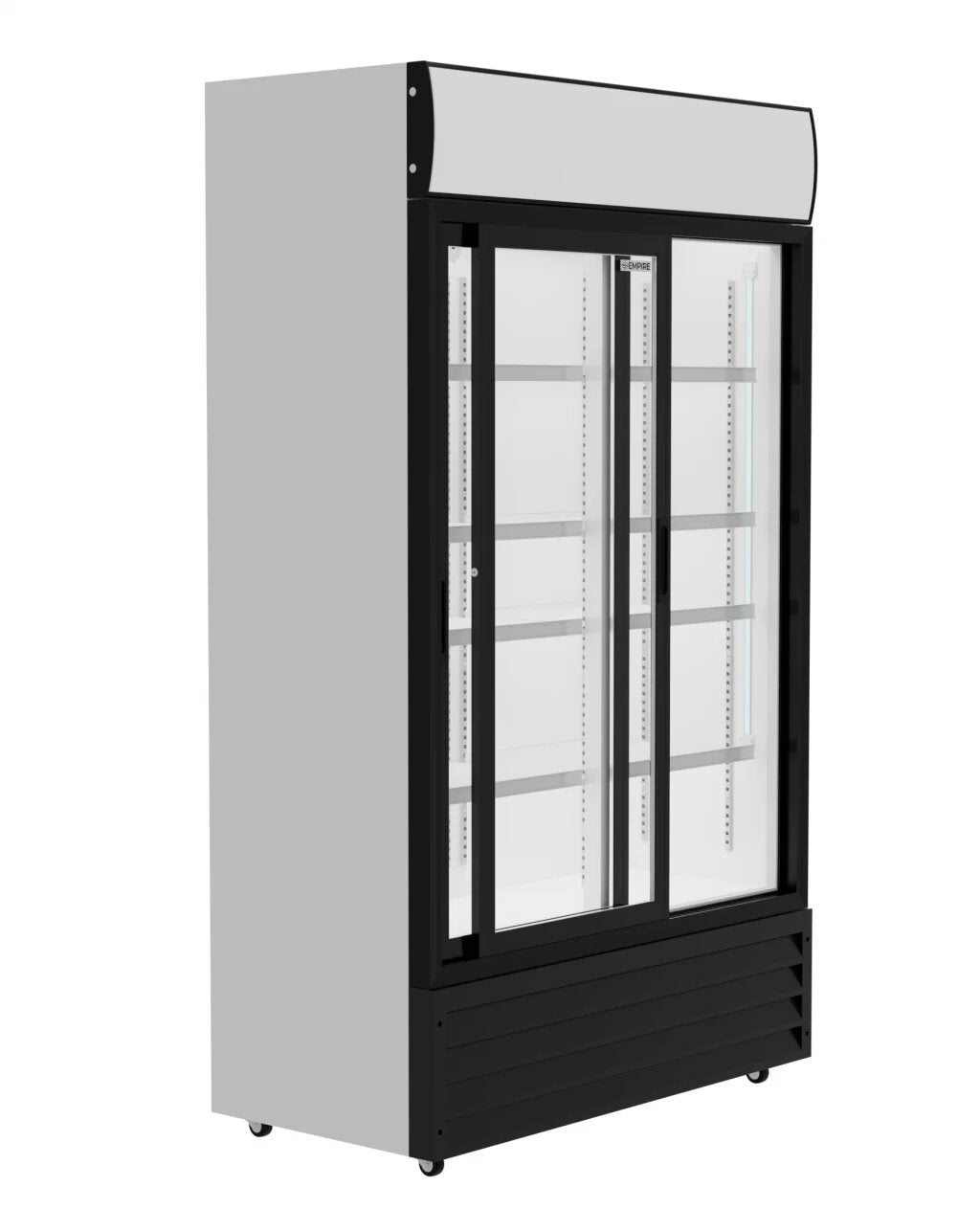 Empire Premium Double Sliding Door Display Cooler with Light Canopy, 688L, Low-E Glass, Fan Cooled, 0–10°C