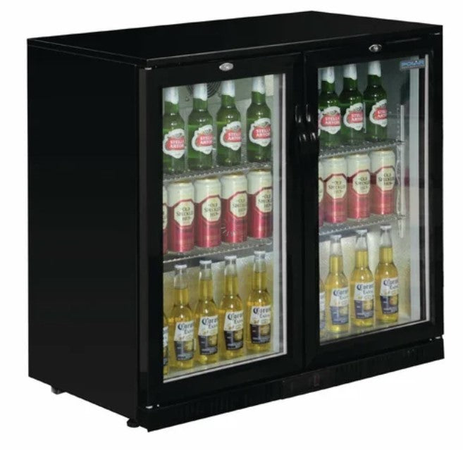 Polar Double Hinged Door Back Bar Cooler in Black with LED Lighting – 208L GL002