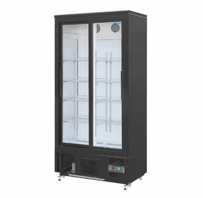 Polar GJ448 Upright Back Bar Cooler 490L Black Sliding Doors 8 Adjustable Shelves LED Lighting Fan