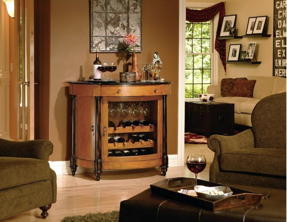 Vintage Umber Half-Moon Granite Bar Cabinet with Glass Door | Wine & Spirits Console with Storage