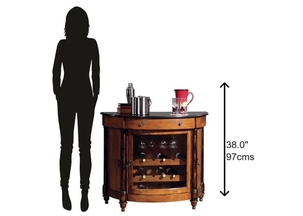 Vintage Umber Half-Moon Granite Bar Cabinet with Glass Door | Wine & Spirits Console with Storage