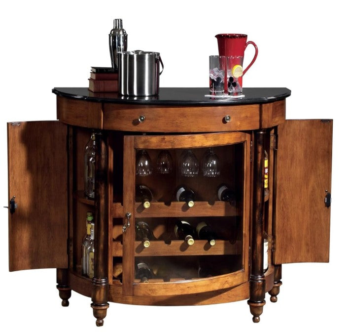 Vintage Umber Half-Moon Granite Bar Cabinet with Glass Door | Wine & Spirits Console with Storage