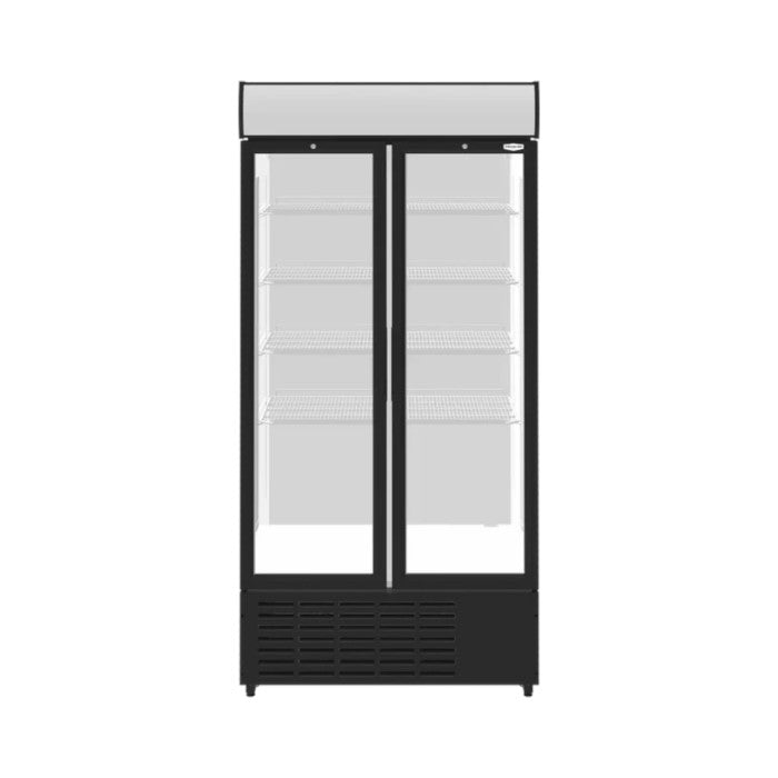 Sterling Pro Green SPD20HG Upright Double Door Display Chiller, Hinged Glass Doors, 832L Capacity, LED Lighting, White Finish