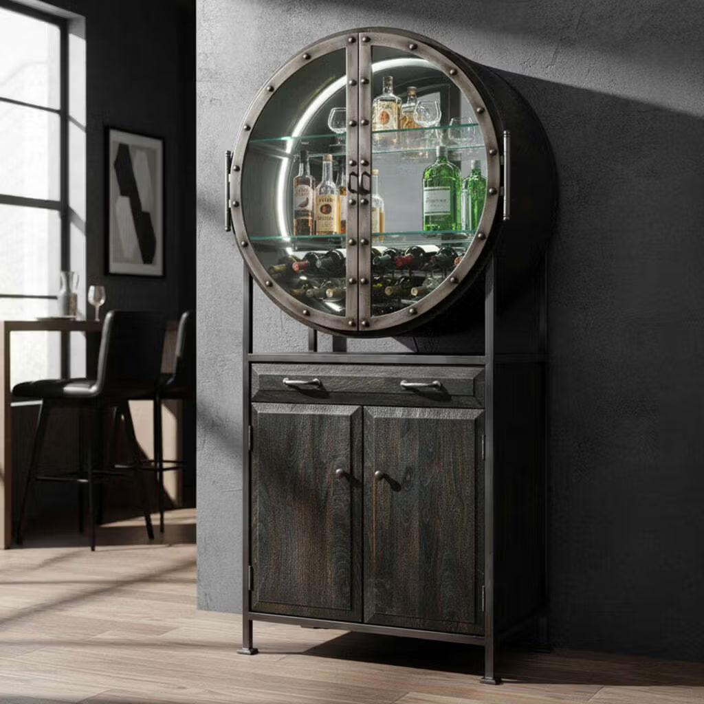 Rob Roy Aged Mocha Bar Cabinet with Wine & Glass Storage | Hardwood & Metal Frame